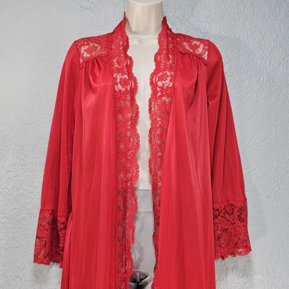 Vintage Olga Red Nylon With Lace Trim Peignoir Night Robe Old Hollywood Size P - Picture 4 of 8